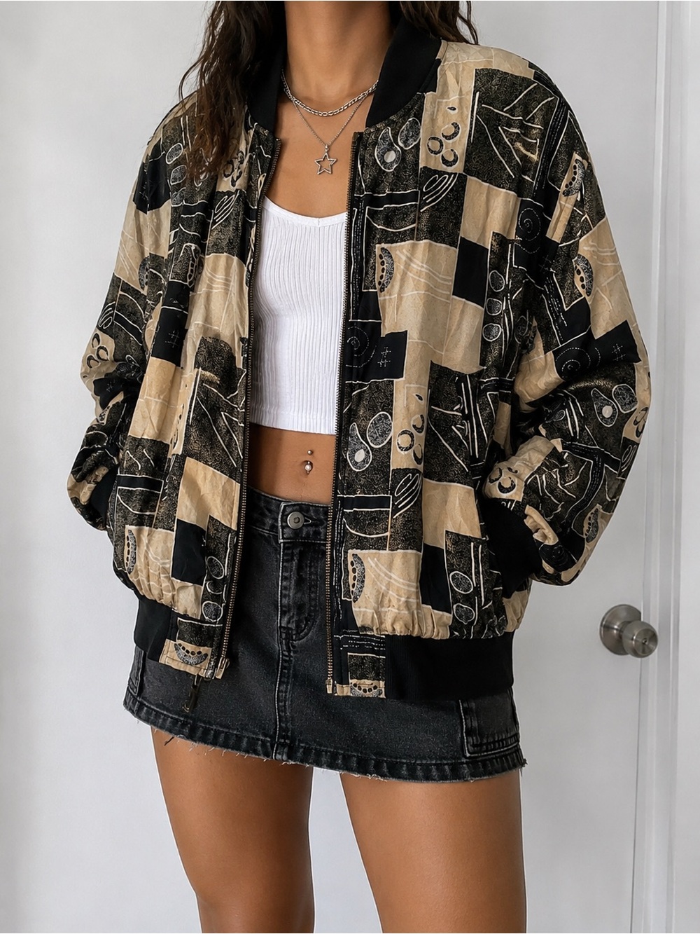 Vintage Far Far Sportswear 100% Silk Abstract Print Bomber Jacket XL